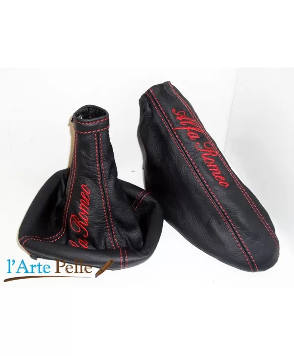 copy of Alfa Mito black leather gearshift and handbrake gaiter + red embroidery