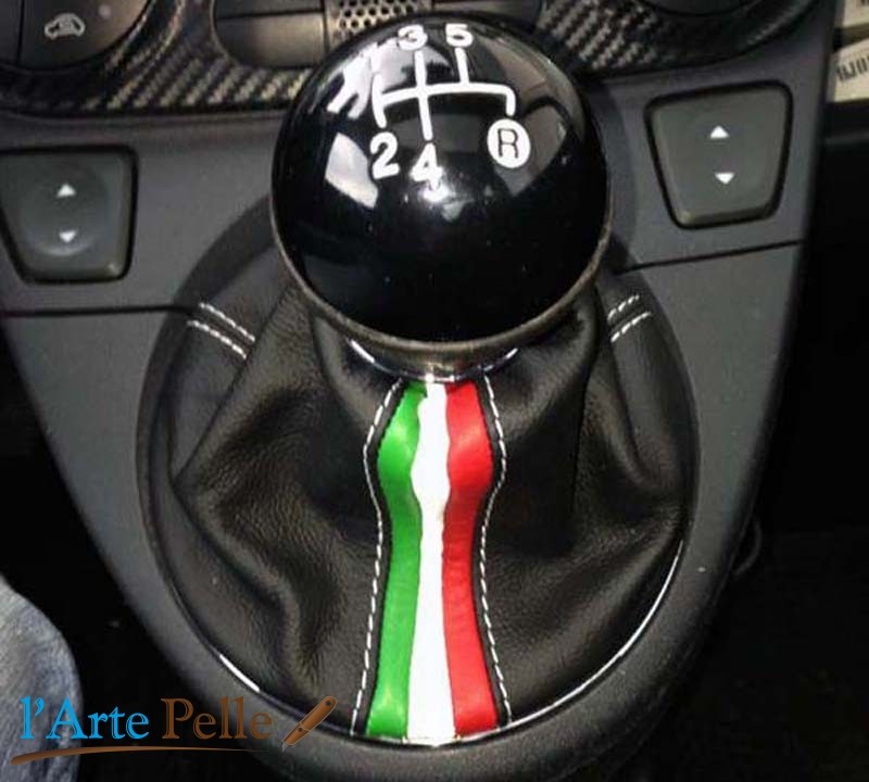 Nouvelle Fiat 500 soufflet de levier de vitesse en vrai cuir noir +  tricolore italien Coutures Personnaliser Peau Personnaliser