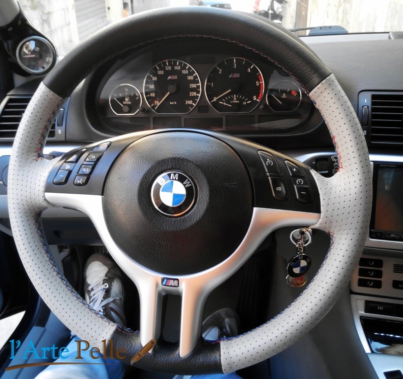 BMW E46 real black and grey leather steering wheel cover Seams Customize  Skin Customize