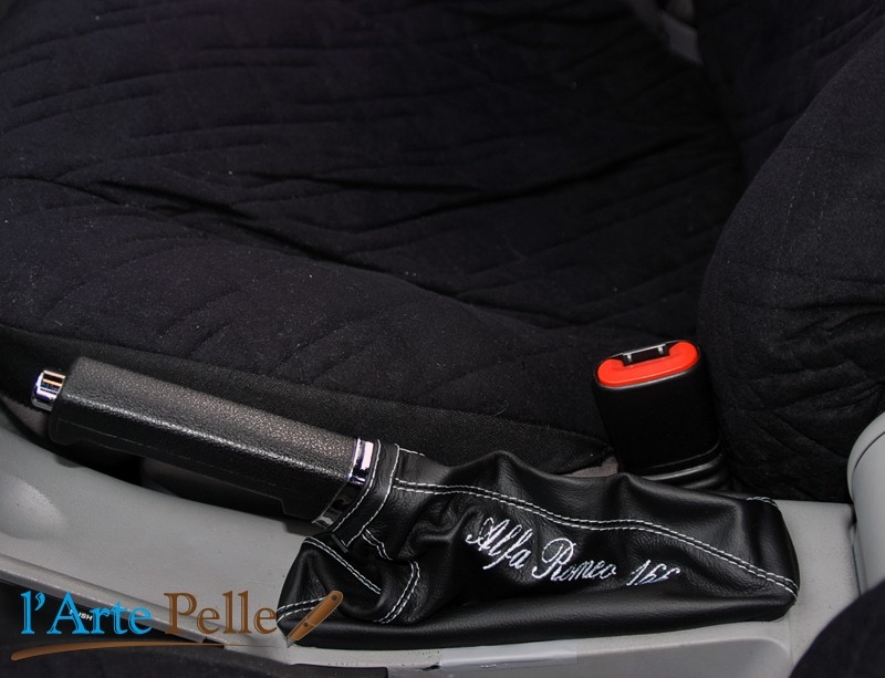 Cuffia leva freno a mano Alfa Romeo 166 vera pelle nera+ricamo Cuciture  Personalizza Pelle Personalizza